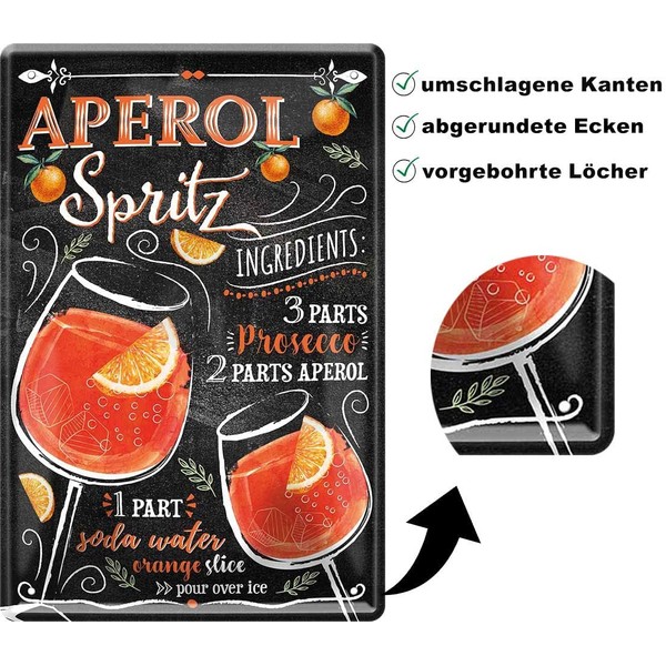 Schilderkreis 24 Tin Signs Cocktail Recipe Decorative Metal Sign for All Bar Counter or Pub Owners Gift for Birthday or Christmas 20 x 30 cm (Aperol)