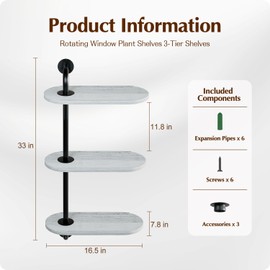BUTUNITA Rotating Window Plant Shelves 3-Tier, Wooden Window Shelf for Plants, Sill Space-Saving Corner Hanging Wall Stand for Multiple Plants, Indoor Home Decor, White