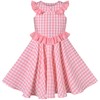 Sunny Fashion Girl Dress Ruffle Pink Plaid Checkered Button Sleeveless