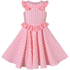 Sunny Fashion Girl Dress Ruffle Pink Plaid Checkered Button Sleeveless O-Neck Size 4