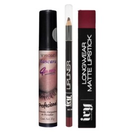 Kit de Maquillaje Profesional, Rimel Prosa Negro Resistente al Agua, Labial Ivy Mate de Larga Duracion y Delineador Lapiz de Labios Ivy (Wild Wine)