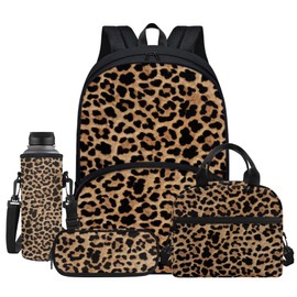 Jndtueit Leopard Spots Girls Boys Lightweight Backpack with Lunch Box, Cheetah Skin Kids BookBag 4 Set Rucksack, Brown Black Water Bottle Holder Pencil Bag for Teens