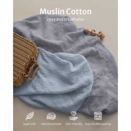 Blissful Diary Muslin Mini Crib Sheets, Pack and Play Mattress Sheets Fitted for Pack N Play, Soft Cotton for Boys Girls, 2 Pack(Light Blue&Grey)