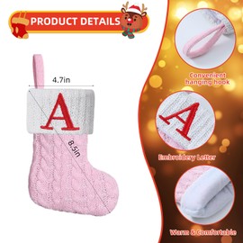 Pxniy Mini Pink Knit Stocking,8.5 Inches Initial Monogram Embroidered Christmas Stocking,Family Fireplace Hanging Ornament Xmas Holiday Decor Gift-Letter R