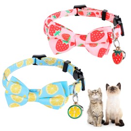 2 Pcs Breakaway Cat Collar with Bow Tie Bell - Lemon Strawberry Summer Collars for Kitty Kitten Collar, Adjustable Soft Cotton Cat Collars for Male Female Cats