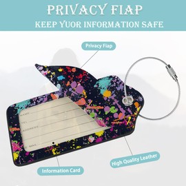 Luggage Tags for Suitcase,2 Pack Colorful Abstract Splash Luggage Tag Leather Privacy Cover ID Label with Stainless Steel Loop for Women Men Kids Girls Travel