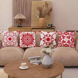 GUHOO Geometric Red Flower Decorative Throw Pillow Covers 22 x 22 Inch, Set of 4 Abstract Red Flower Cushion Cover Square Pillow Cases for Couch Patio Sofa Home Decor