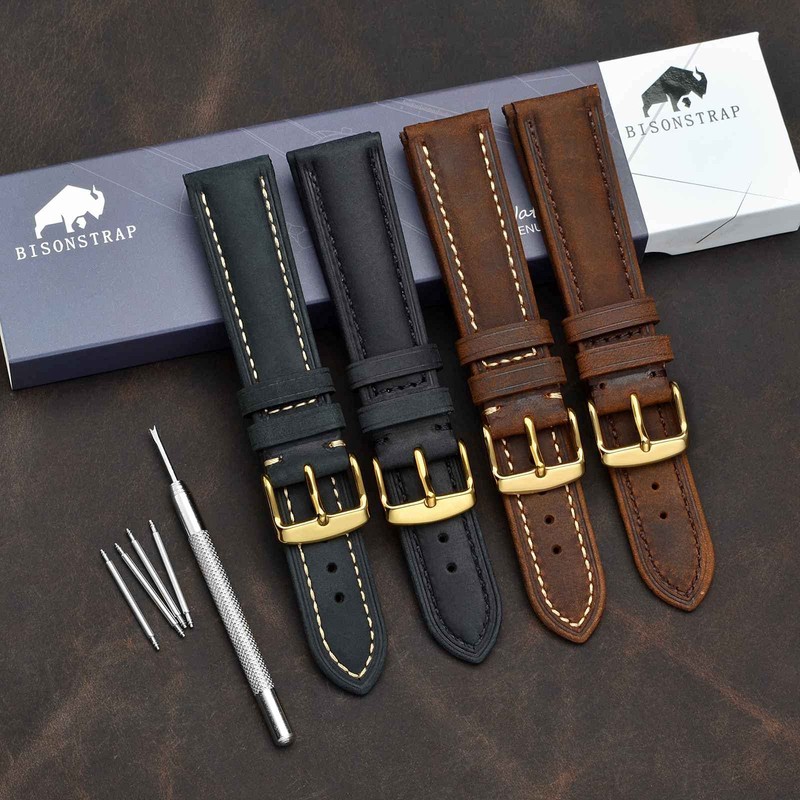 BISONSTRAP Vintage Watch Straps with Gold Buckle, Leather Replacement Band