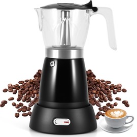 Coffee Maker Electric Moka Pot, Espresso Coffee Italian Aluminum Espresso Machine Cafetera Pot 300ml, Portable Machine Moka Maker with Detachable Base Overheat Protection for Home Travel, Black