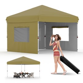 Garvee 10x10 Pop Up Canopy Tent Outdoor Canopy One-Person Set Up Heavy Duty Commercial Instant Tent Shelter, 3-Sidewall+Khaki