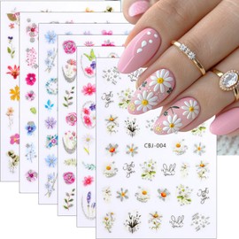 Flower Nail Art Stickers Decals 3D Silver Glitter Floral Nail Decals Spring Summer Leaf Rose Daisy Nail Stickers Colorful Cute Flower Nail Decoration Accessories for Women DIY Acrylic Nail 6Sheets