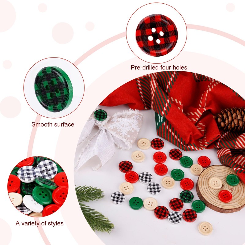 300pcs Christmas Wooden Buttons, 0.79 Inch 4 Hole Buttons for