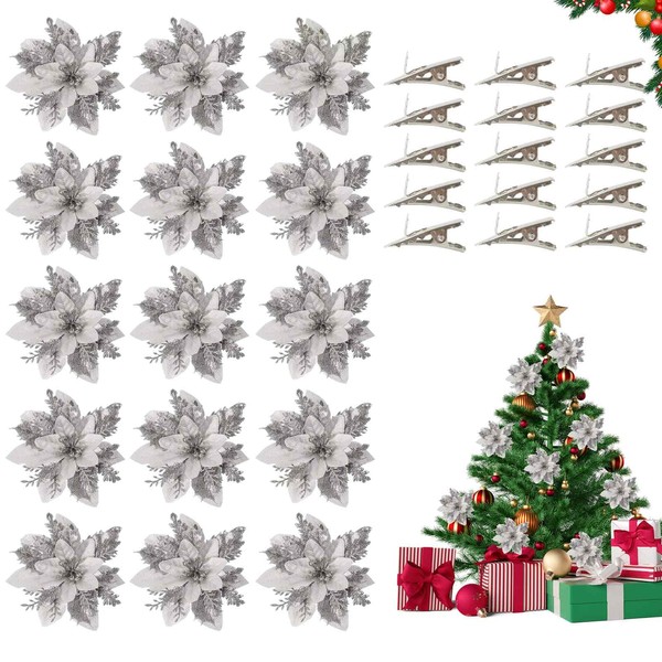 FainFun Glitter Christmas Flowers, Pack of 15, 14 x 14