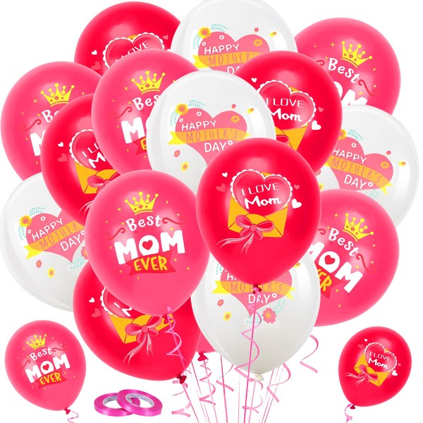 HOWAF Happy Mother's Day Balloons, 30pcs 12inch Mothers Day Latex Balloons for Mother's Day Party Decorations Mom's Birthday Party Supplies, Best Mom Ever, I Love Mom Party Balloons, Pink and White