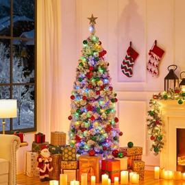 Yaheetech 6ft Pre-lit Snow Flocked Christmas Tree, Premium Hinged Artificial Pine Tree w/ 250 Colorful LED Lights and 564 Branches Tips, Prelit Slim Pencil Christmas Tree w/Metal Stand White