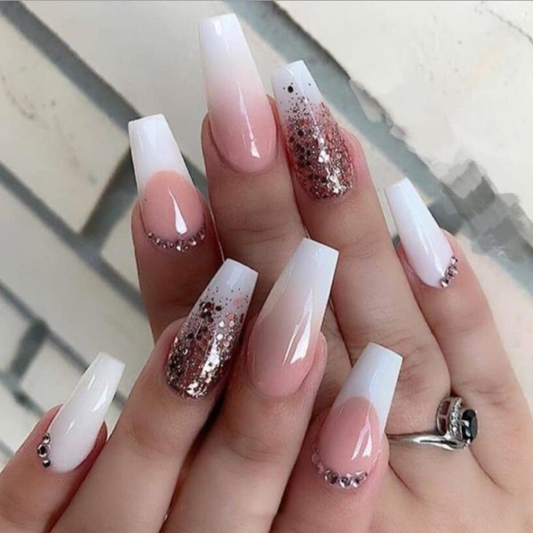 DOUBNINE Press On Nails Long Coffin Pink Glitter French Tip