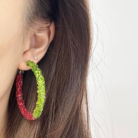 Shiny Christmas Hoop Earrings for Women Big Red Green Sequin Cubic Zircon Exaggerated Dangle Hoops Large Retro Geometric Round C-Shaped Holiday Festival Statement Jewelry (Red Green)