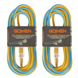 GOMEN 25 ft Extension Cord with Lighted Locking End - 14 AWG Gauge - 14/3 SJTW Heavy Duty for Outdoor/Indoor, 3 Prong Plug, Blue/Yellow Weather Resistant Jacket, for Major Tools and Appliances, 2 Pack