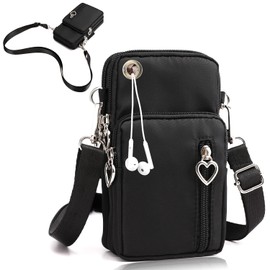 Bolsillo para Celular, MCSWSEE Bolso Cartera de Hombro Cruzado Negro con Entrada para Auriculares, Ajustable Bolso Bandolera de 3 Capas para Teléfonos Móviles 7 Pulgadas Menos, Tarjetas de Crédito