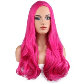 BERON Hot Pink Wig Women Long Wavy Wig Dark Pink Cosplay Costume Wig Center Parted Full Synthetic Wigs Wig Cap Included
