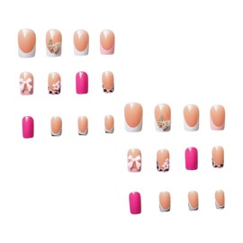 Pink Press on Short Square Fake Nails with 3D Bow Charms Design - Flower False Glue on Cute Acrylic Bow Glossy Zebra Stripes Full Cover Stick on for Women Manicure - 24PCS