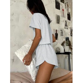 Remidoo Women's Striped Tee Shirts and Shorts Pajamas Set Side Slit Crewneck Loungewear White Large