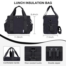 NOL Natural Organic Lifestyle Women's Nylon Lunch Cooler Cute Quilted Lunch Bag Large Leakproof Insulated Lunch Tote Bag for Work Picnic Travel,Black