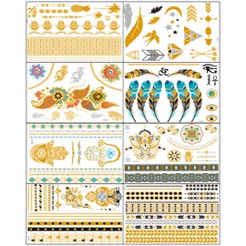 Aresvns Metallic Temporary Tattoo, 8 Sheets Gold Silver Fake Tattoos for Women Teen Girls,Flash Jewelry Tattoos,Gold Boho Plume Tattoos Waterproof and long lasting Christmas Gift