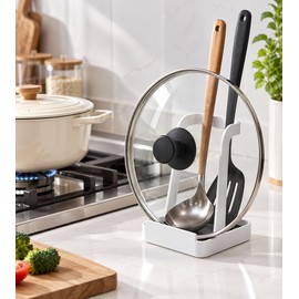 Pot Lid & Spoon Holder for Kitchen – U-Shaped Open-Top Organizer with Removable Drip Tray for Countertop Cooking