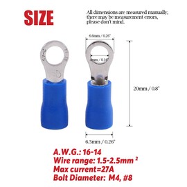 Hilitchi 100Pcs 16-14AWG Insulated Terminals Ring Electrical Wire Crimp Connectors (Blue, M4)