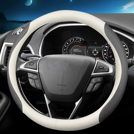 HAOTULE Nappa Leather Slim and Stylish Steering Wheel Cover, for Ford Steering Wheel Cover Accessories Interior Modification, (White and Black)