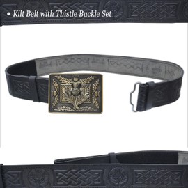 Leather Kilt Belt and Buckle Set, Scottish Thistle Embossed Belt with Silver Antique Celtic Knot Buckles Crafted Pewter – Kilt Belts For Men (Thistle Crest, Brass - Antique, 2XL, 50-54 Inch)