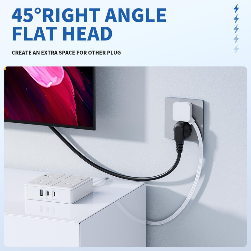 Flat Plug Power Bar with USB C, 4FT Ultra-Thin Extension