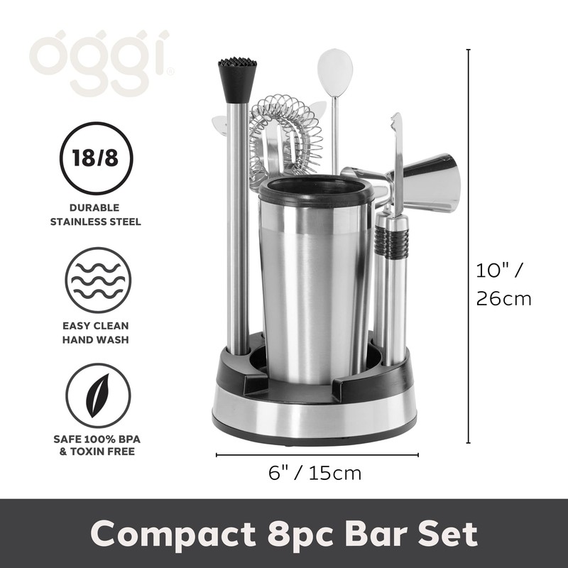 OGGI Compact Stainless Steel 8-Piece Bar Tool Set- Bartender Kit