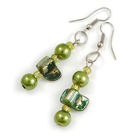 Lime Green/Green Glass and Shell Bead Drop Earrings with Silver Tone Closure - 6cm Long