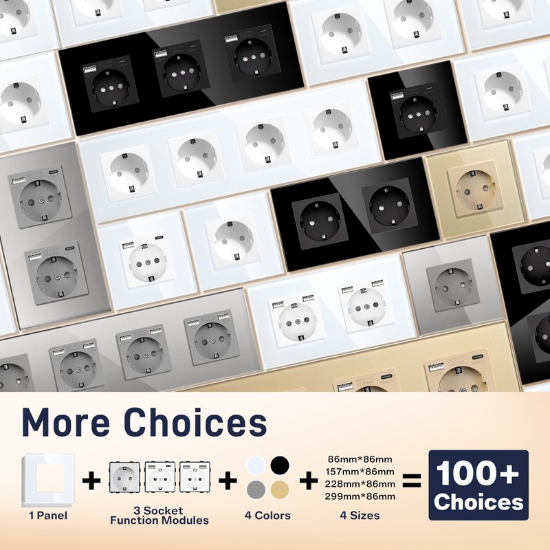 BSEED Glass Schuko Socket, 3-Way Crystal Glass Panel Socket, Triple