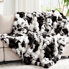 VFROO Ultra Plush Bubble Faux Rabbit Fur Blanket – 950GSM Thick Fluffy Throw Blanket for Bed, Couch, Sofa, or Gift, 50" × 60", Black Cow