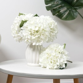 Auihiay 8PCS White Artificial Hydrangea Flowers Bouquets, Silk Hydrangea Flowers with Stems and Leaves, Fake Flower Bouquets for Home Garden Party Decor, Wedding Centerpieces (13.8 x 7.9 inches)