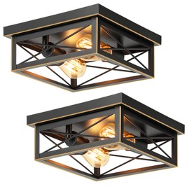 Brushed Gold Hallway Light Fixtures Ceiling, 2-Light Farmhouse Industrial Flush Mount Ceiling Lights, 2-Pack Metal Kitchen Light Fixtures, Close to Ceiling Lights for Bedroom Living Room Entryway