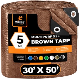 Multipurpose Protective Cover Brown Poly Tarp 30' x 50' - Durable, Water Resistant, Weather Resistant - 5 Mil Thick Polyethylene - by Xpose Safety