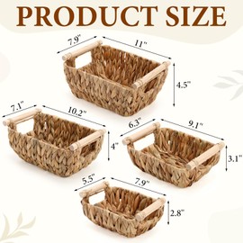 Newtay 4 Pack Wicker Storage Baskets, Hand Woven Basket for Organizing, Water Hyacinth Nesting Shelf Bins with Wooden Handles for Nursery Shelves, Bedroom Decor, Pantry School Office Desk, 4 Size