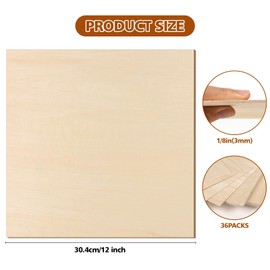 Adrattnay 36Pcs Basswood Sheets 1/8 Plywood, 3mm Basswood for Laser Cutting and Engraving, 12 x 12” Basswood Plywood for Model Architectural Wood Burning and Carving, Unfinished DIY Basswood