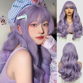 Creamily Long Purple Wig with Bangs, Long Wavy Curly Wig with Bangs for Women Purple Wigs Heat Resistant Natural Synthetic Hair Wigs for Daily Party Cosplay 24 Inches