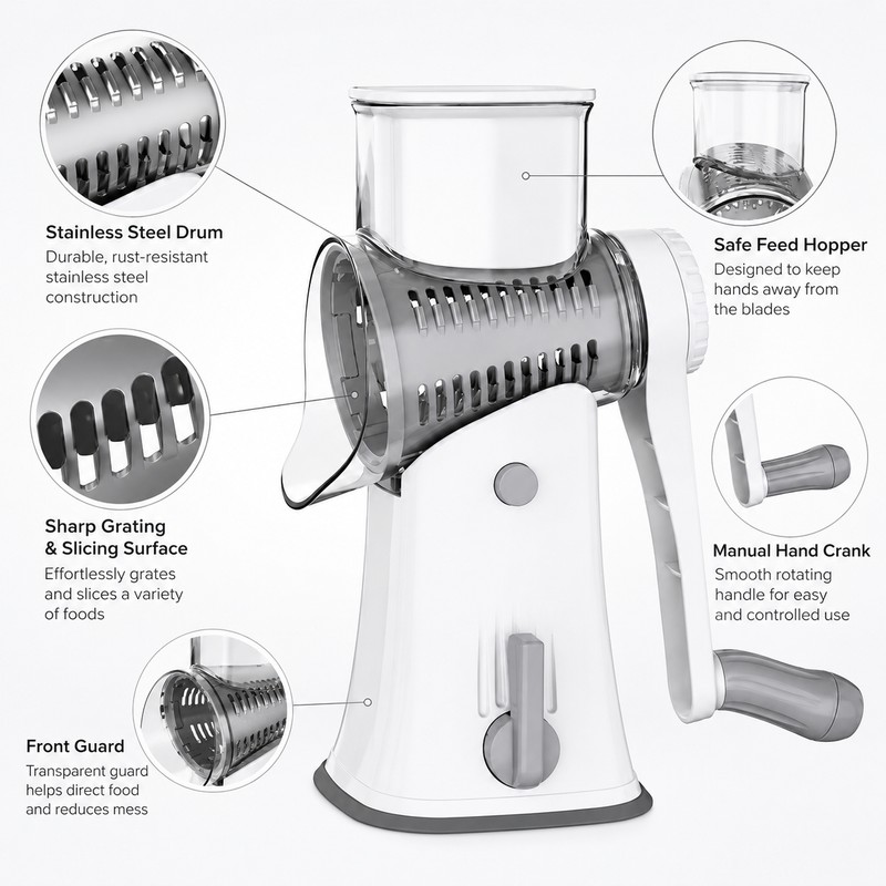 5-in-1 Rotary Cheese Grater & Vegetable Slicer – Stainless Steel