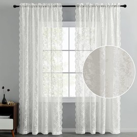 FINECITY Extra Long Sheer Lace Curtains 120 Inches Long, Vintage Rustic Leaf Floral Knitted Lace Curtains for Living Room, Rod Pocket Privacy Lace Window Curtain Panels, 52 x 120 Inch, 2 Panels, Ivory
