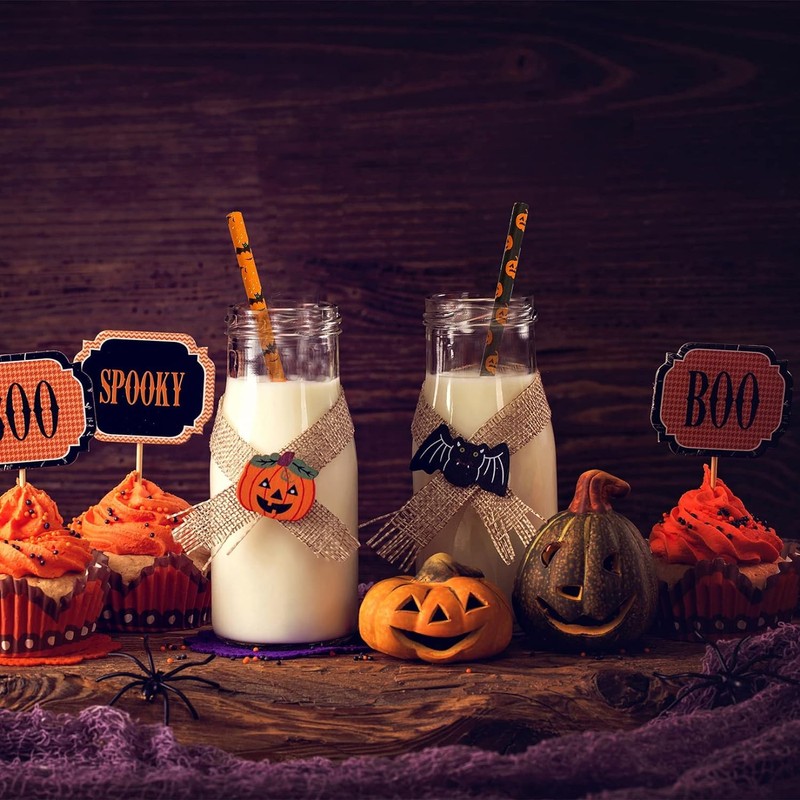 Halloween Paper Straws Decorations - 50Pcs Black Orange Drinking Straws