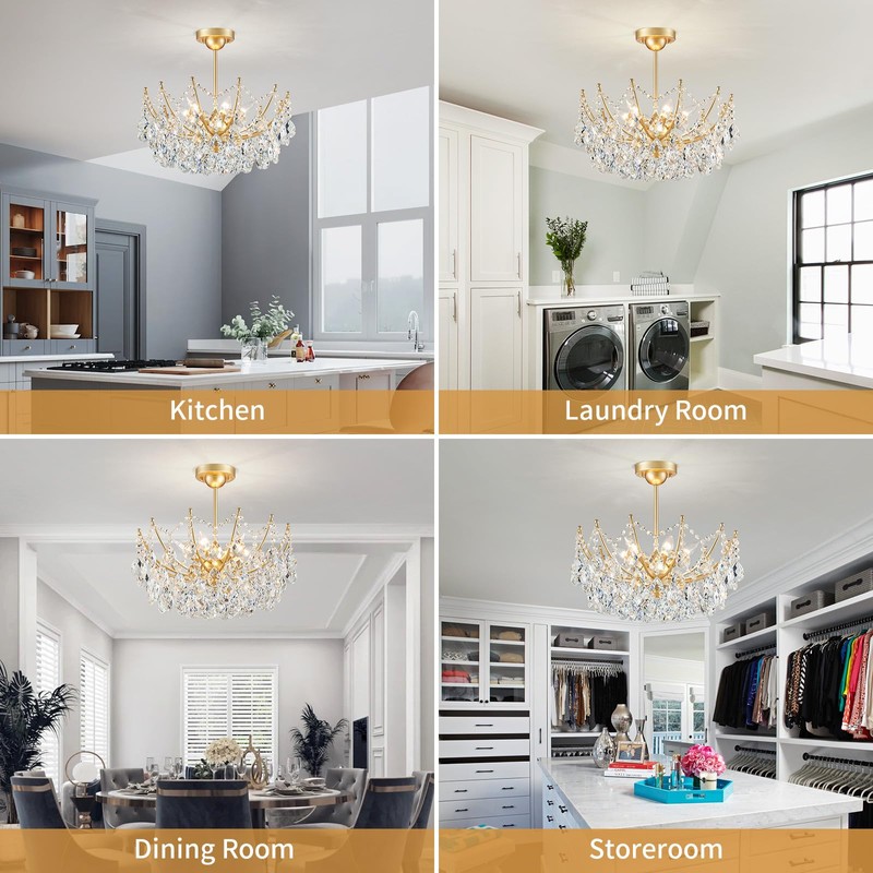 ANJIADENGSHI Crystal Chandelier Ceiling Light, Modern Semi Flush Mount Ceiling