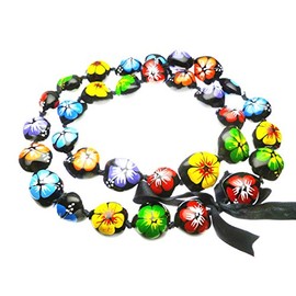 Aloha Passion Hawaiian Style Kukui Nut Lei, Hand Painted Multi-color Hibiscus 32 Inches