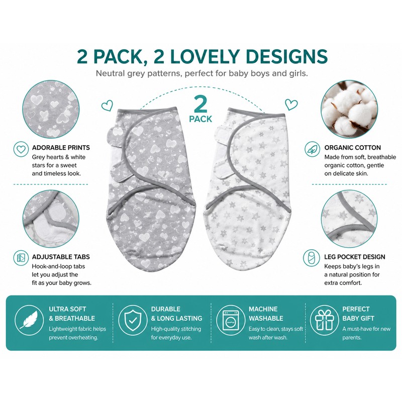 Soft Cotton Baby Swaddles for Newborns 0-3 Months, Adjustable Grey