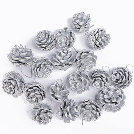 YUNSTK 18 Pieces Pine Cone Christmas Tree Decorations, Silver Pine Cones, Natural Pinecones with String Pendant Crafts for Garland Xmas Tree Baubles Wreath Gift Tag Hanging Ornaments